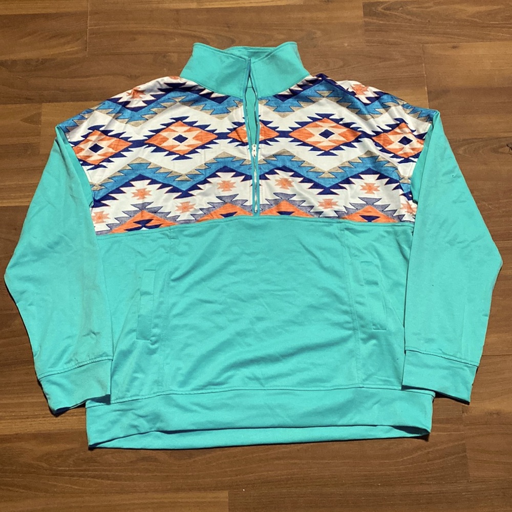 Aztec Geometric Pocket Zipper Collar Pullover Sweatshirt